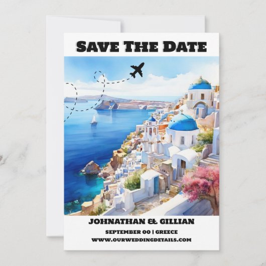 Santorini bestemming bruiloft save the date modern (Voorkant)