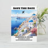 Santorini bestemming bruiloft save the date modern (Staand voorkant)