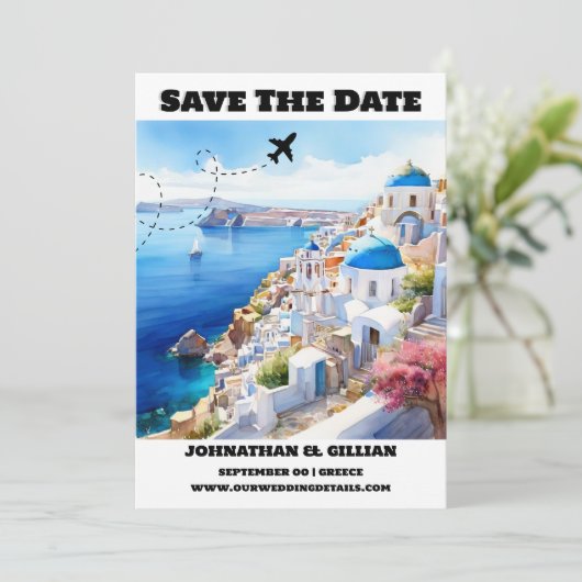 Santorini bestemming bruiloft save the date modern (Staand voorkant)
