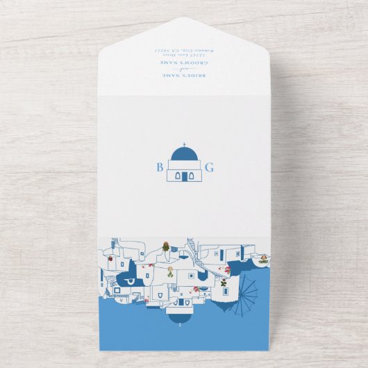 Santorini Bestemming Grieks Eiland Bruiloft All In One Uitnodiging (Buitenkant)