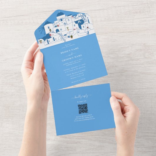 Santorini Bestemming Grieks Eiland Bruiloft All In One Uitnodiging (Afscheurbaar)