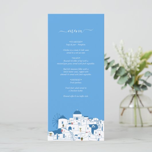 Santorini Bestemming Grieks Eiland Bruiloft Menu (Staand voorkant)