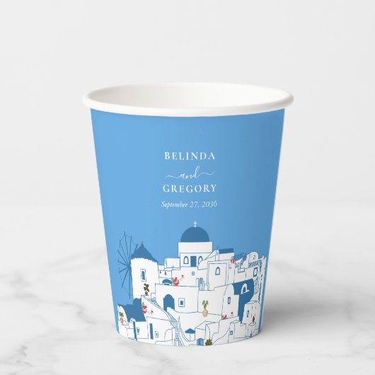Santorini Bestemming Grieks Eiland Bruiloft Papieren Bekers (Achterkant)