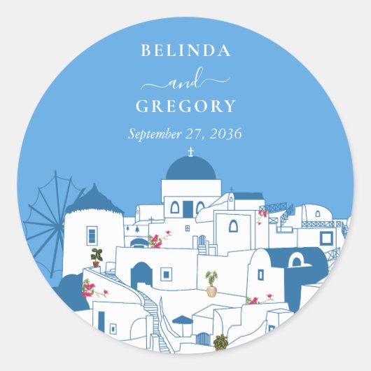 Santorini Bestemming Grieks Eiland Bruiloft Ronde Sticker (Voorkant)