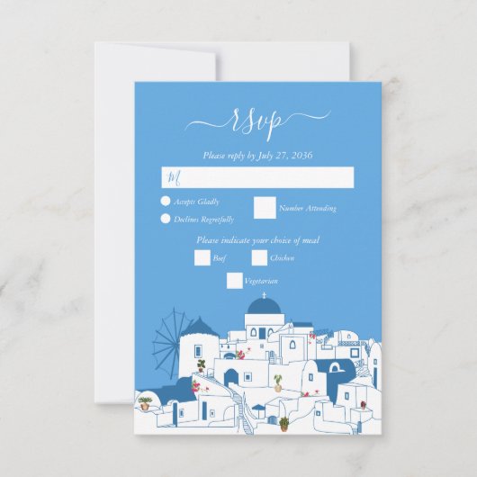 Santorini Bestemming Grieks Eiland Bruiloft RSVP Kaartje (Voorkant)