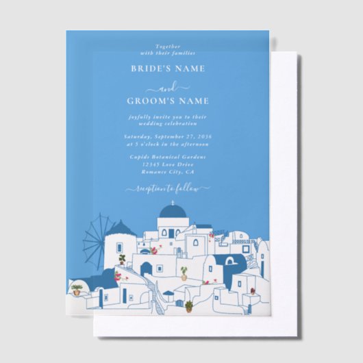 Santorini Bestemming Grieks Eiland Bruiloft Vellum Uitnodigingen (Offset)