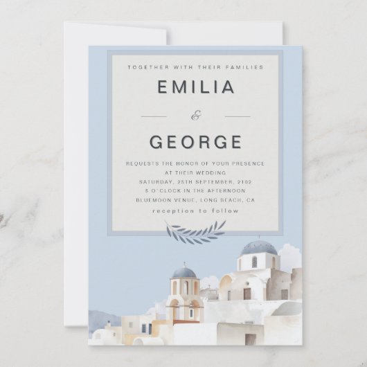 Santorini Bestemming Trouwen | Blauw & Wit Kaart (Voorkant)
