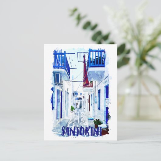 Santorini Blauw en Wit Reizen Briefkaart (Staand voorkant)