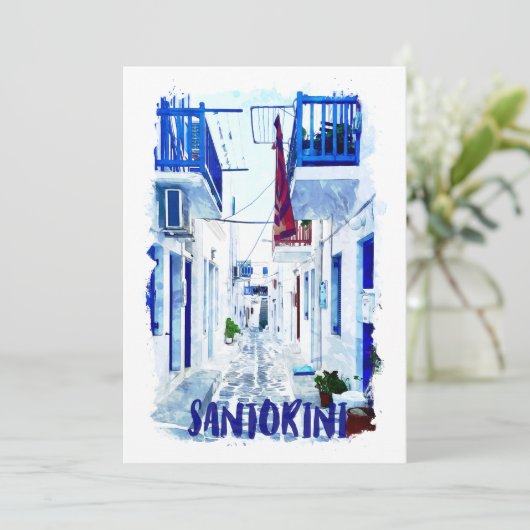 Santorini Blauw en Wit Reizen Kaart (Staand voorkant)
