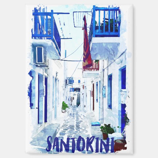 Santorini Blauw en Wit Reizen Magneet (Voorkant)