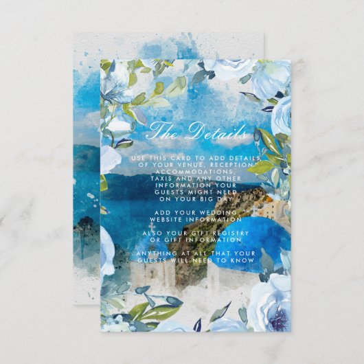 Santorini Blauwe Bloemen Trouwdetails Informatie Informatiekaartje (Voorkant / Achterkant)