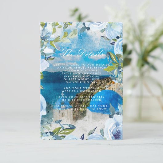 Santorini Blauwe Bloemen Trouwdetails Informatie Informatiekaartje (Staand voorkant)