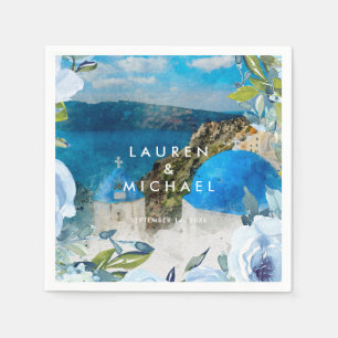 Santorini blauwe bloemen zomer bruiloft servetten