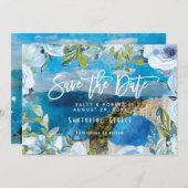 Santorini blauwe bloemenbruiloft bewaar de datumka bedankkaart (Voorkant / Achterkant)