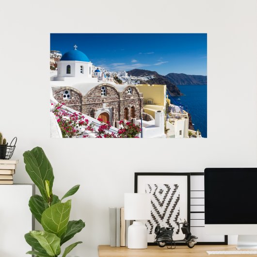 Santorini - Blauwe kerk in Oia poster (Thuiskantoor)