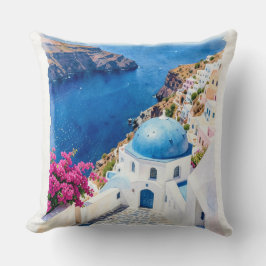 Santorini Blauwe Koepel Aquarel Poster Kussen
