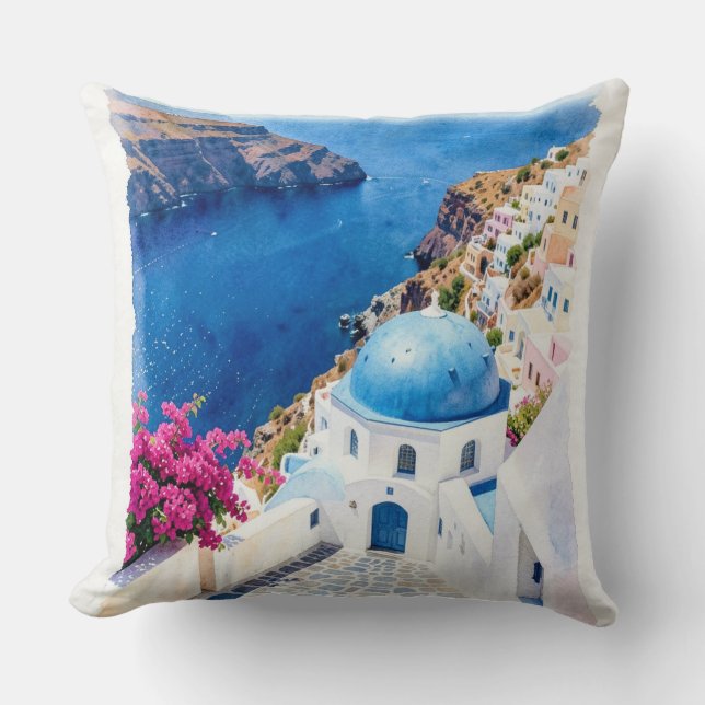 Santorini Blauwe Koepel Aquarel Poster Kussen (Voorkant)