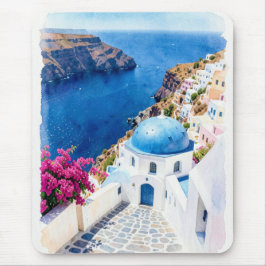 Santorini Blauwe Koepel Aquarel Poster Muismat