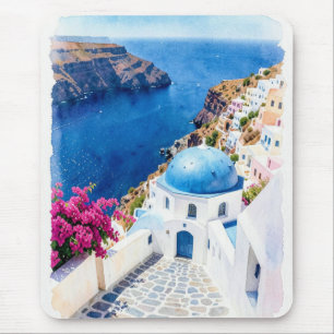 Santorini Blauwe Koepel Aquarel Poster Muismat