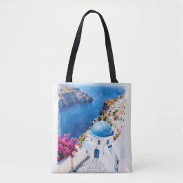 Santorini Blauwe Koepel Aquarel Poster Tote Bag