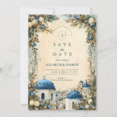 Santorini Blauwe Koepel Botanische Bestemming Trou Save The Date (Voorkant)