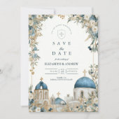 Santorini Blauwe Koepels Botanische Bruiloft Save The Date (Voorkant)