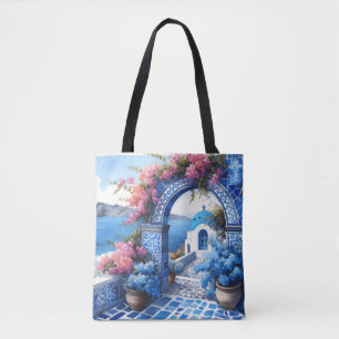 Santorini Blauwe Kust Bruiloft Jubileum Custom Tote Bag
