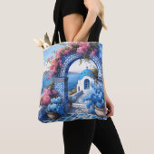 Santorini Blauwe Kust Bruiloft Jubileum Custom Tote Bag (Dichtbij)