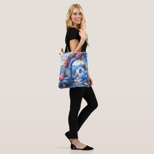 Santorini Blauwe Kust Bruiloft Jubileum Custom Tote Bag (Op model)