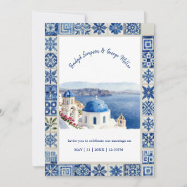 Santorini Blauwe Tegel Aquarel Bestemming Huwelijk Kaart
