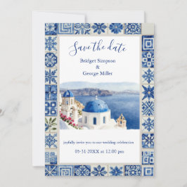 Santorini Blauwe Tegel Aquarel Bestemming Huwelijk Kaart