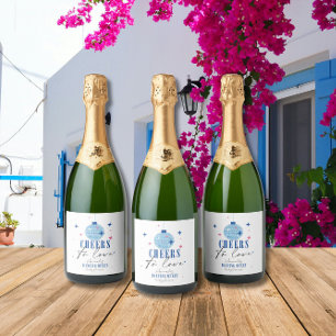 Santorini Blauwe tegel Bougainvillea baby shower Sparkling Wijnetiket