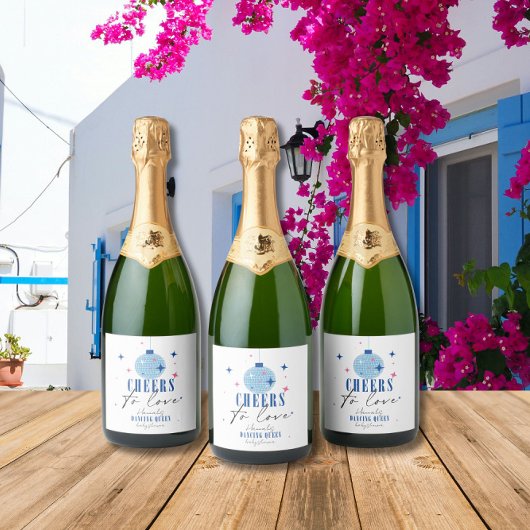 Santorini Blauwe tegel Bougainvillea baby shower Sparkling Wijnetiket