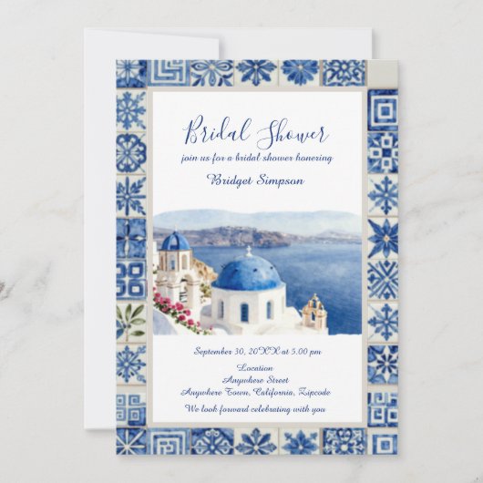 Santorini Blauwe Tegels Bestemming bruidsdouche Kaart (Voorkant)