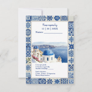 Santorini Blauwe Tegels Waterverf Bestemming Huwel RSVP Kaartje