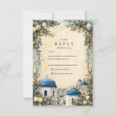 Santorini Blue Dome Botanical Destination Wedding RSVP Kaartje (Voorkant)