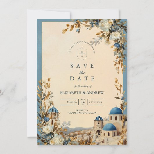 Santorini Blue Dome Botanical Elegance Save The Date (Voorkant)