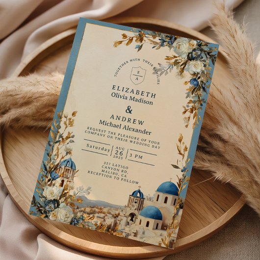 Santorini Blue Dome Botanical Wedding Kaart