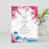 Santorini Blue Dome Bougainvillea Wedding Kaart (Staand voorkant)
