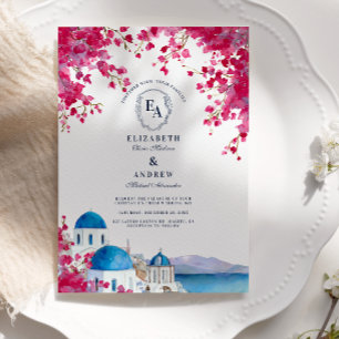 Santorini Blue Dome Bougainvillea Wedding Kaart