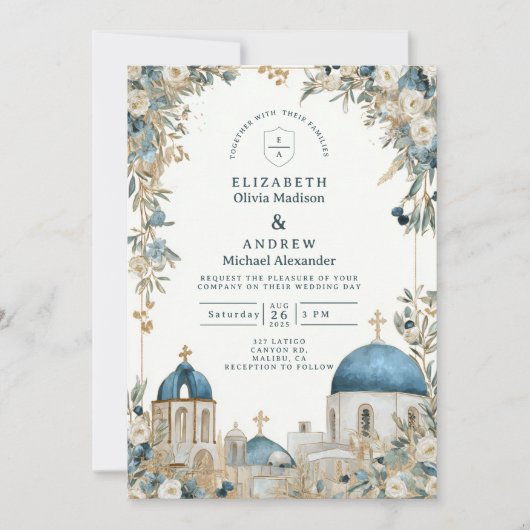 Santorini Blue Domes Botanical Wedding Kaart (Voorkant)