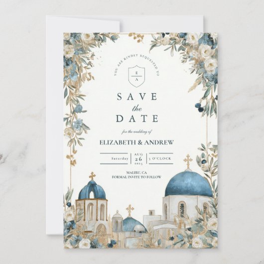 Santorini Blue Domes Botanical Wedding Save The Date (Voorkant)