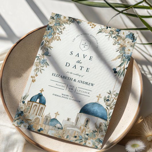 Santorini Blue Domes Botanical Wedding Save The Date