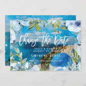 Santorini blue floral bruiloft verandert datumkaar bedankkaart (Voorkant / Achterkant)