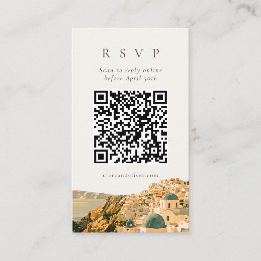 Santorini Caldera Kustbruiloft QR RSVP Kaart (Voorkant)