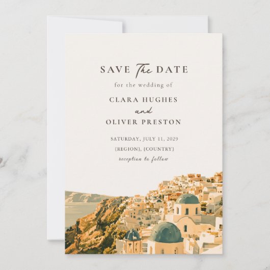 Santorini Caldera Romantisch Mediterraan Huwelijk Save The Date (Voorkant)