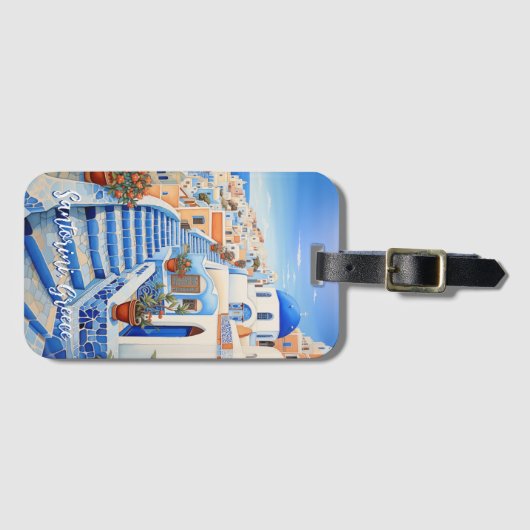 Santorini Eiland Illustratie | Reiskunst Bagagelabel (Voorkant (horizontaal))