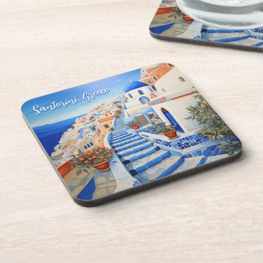 Santorini Eiland Illustratie | Reiskunst Bier Onderzetter (Linkerzijde)