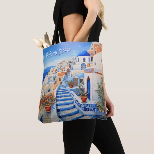 Santorini Eiland Illustratie | Reiskunst Tote Bag (Dichtbij)