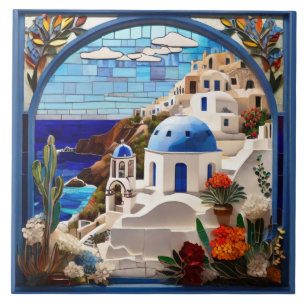 Santorini Faux Glas in lood Arch, Griekenland, Gri Tegeltje
